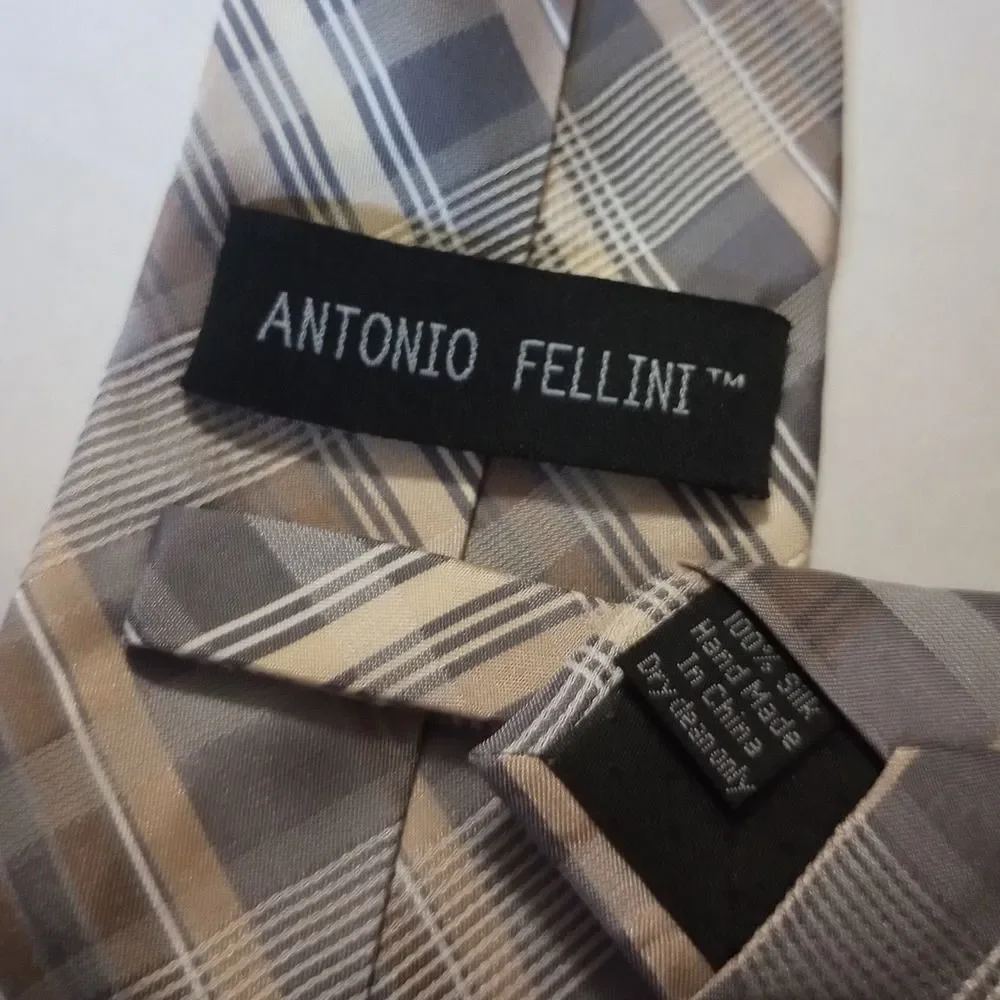 Antonio Fellini Mens Silk Tie Grey Brown Tan Plaid Hand Made Necktie Classic